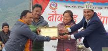 Planning Adviser Mr. Gehendra Bam off Purnima Programme being facilitated by the Chairperson, Vice Chairperson and CAO for his outstanding contribution to Naukund RM.